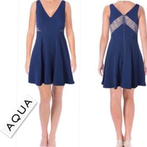 AQUA Crepe Lace Fit-n-flear Cocktail  Dress In Blue Size 2
